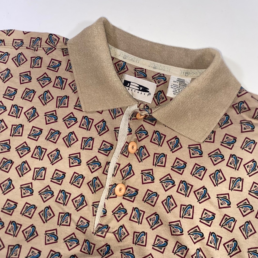 Vintage JT Beckett Mens Medium Tan Geometric Abstract Polo Shirt Made in USA 90s